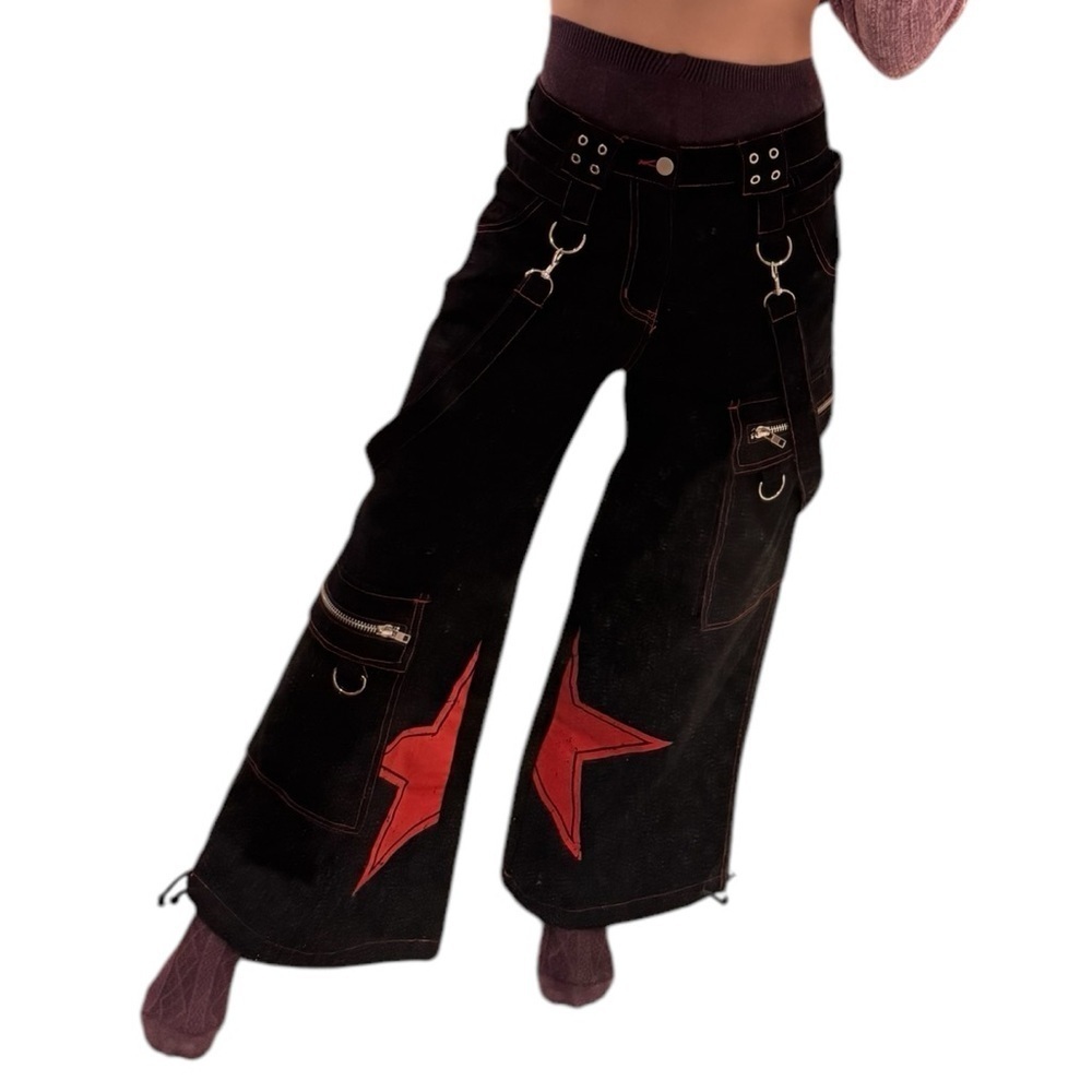 90s Rave Style Current Mood Black Red Baggy Wide Leg Cargo Pants New Punk Sz S